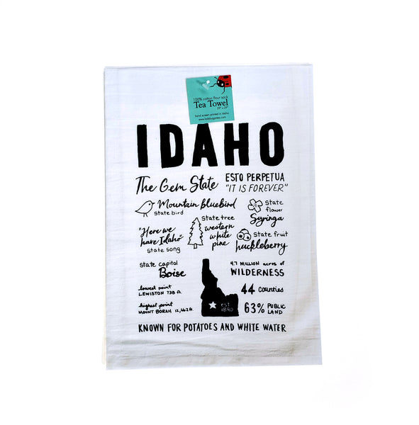 Idaho Facts Tea Towel, Hand drawn and Screen Printed flour sack towel