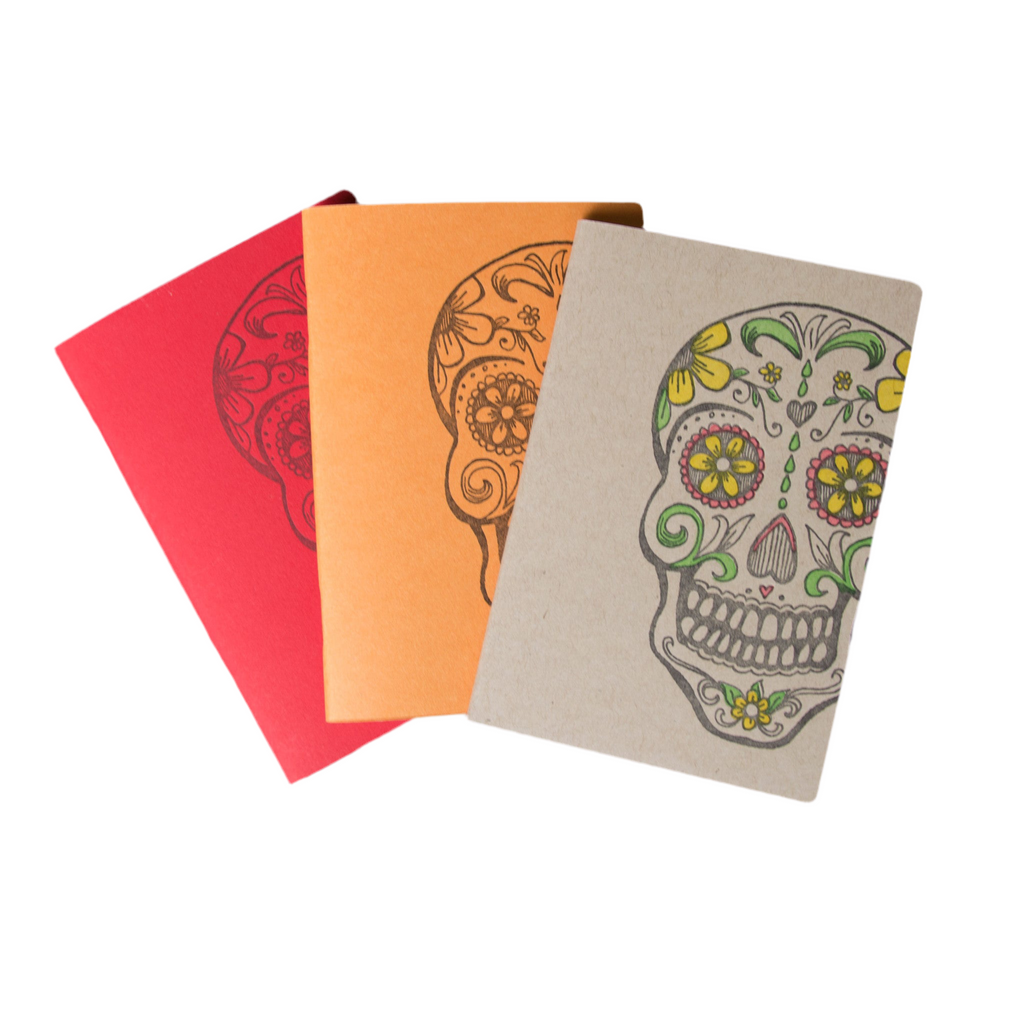 Sugar Skull Notebooks, hand drawn and staple bound, letterpress printed eco friendly blank journal