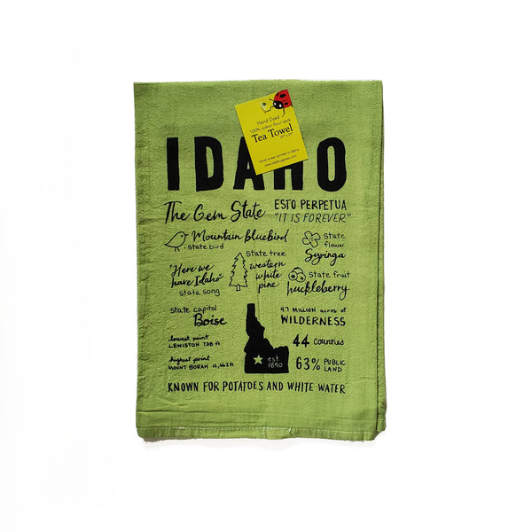 Dyed Idaho Facts Tea Towel, Hand drawn and Screen Printed flour sack towel