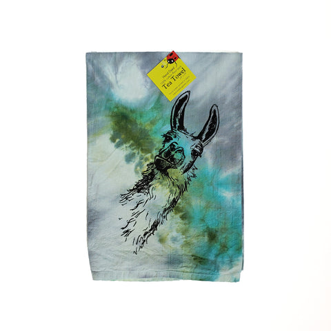 Dyed Llama tea towel, Screen Printed flour sack towel