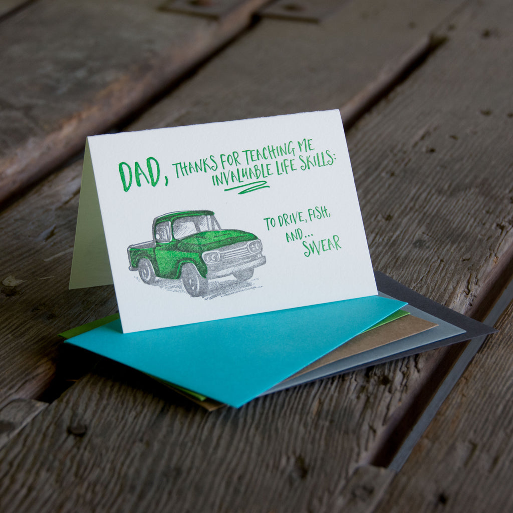 Father's day truck, letterpress printed card. Eco friendly, happy fathers day