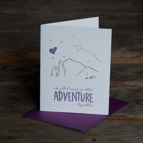 Adventure together, tent and starry sky illustration letterpress eco friendly