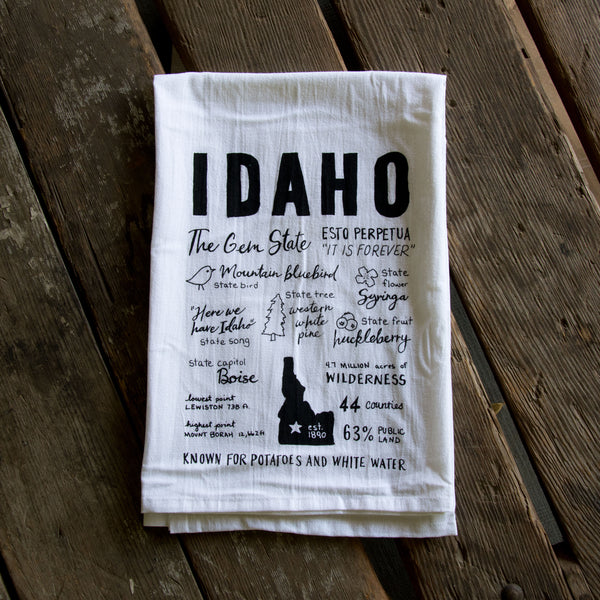Idaho Facts Tea Towel, Hand drawn and Screen Printed flour sack towel