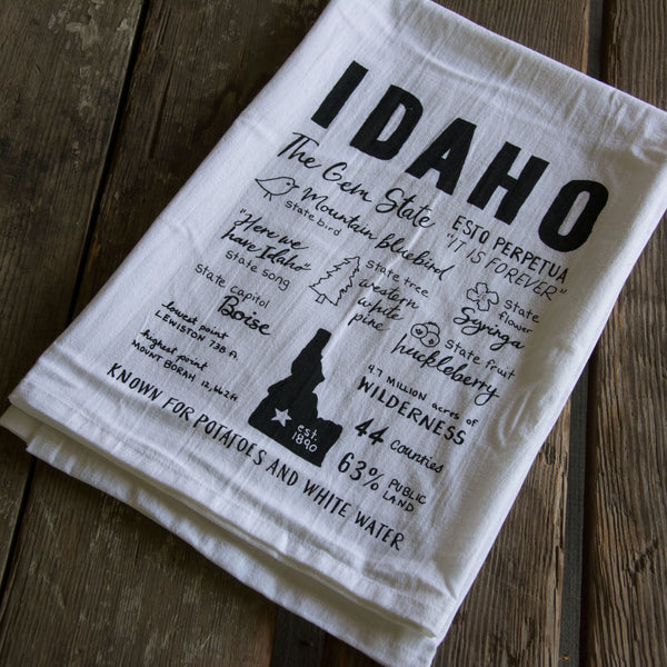 Idaho Facts Tea Towel, Hand drawn and Screen Printed flour sack towel