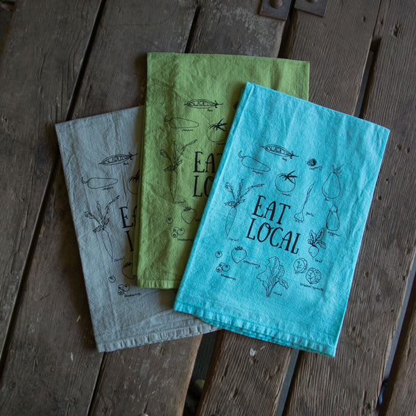 Dyed Eat Local Tea Towel, Screen Printed flour sack towel