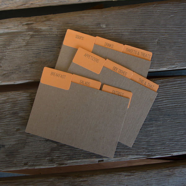 9 recipe card dividers, letterpress printed tabbed dividers with no recipe cards