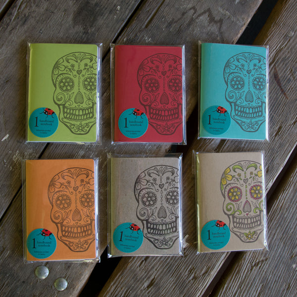 Sugar Skull Notebooks, hand drawn and staple bound, letterpress printed eco friendly blank journal