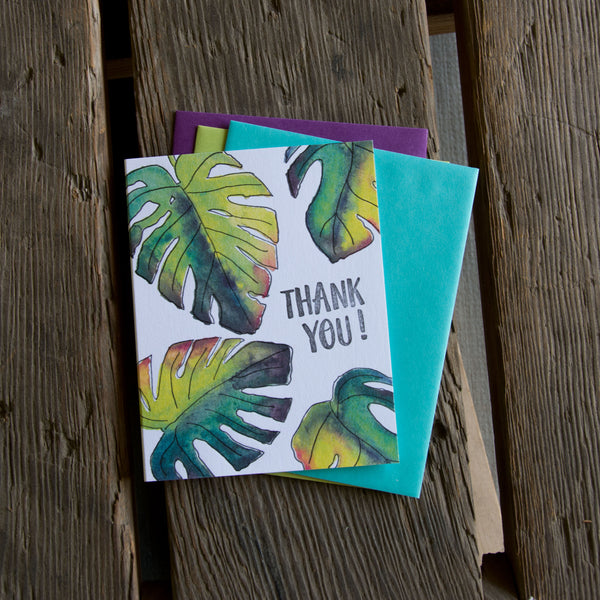 Monstera leaf thank you card, letterpress printed card. Eco friendly