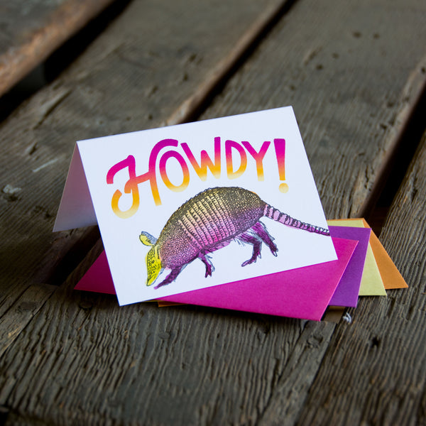 Howdy armadillo, letterpress printed hand drawn eco friendly