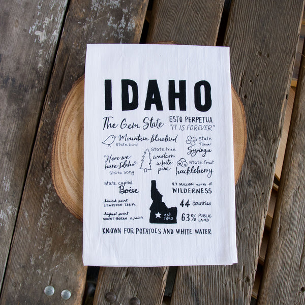 Idaho Facts Tea Towel, Hand drawn and Screen Printed flour sack towel