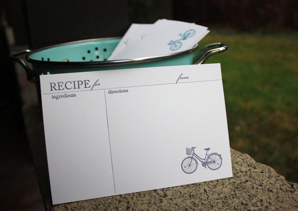 Cruiser Bike Recipe Cards, assorted colors, modern design (Letterpress printed, 4x6 inches)