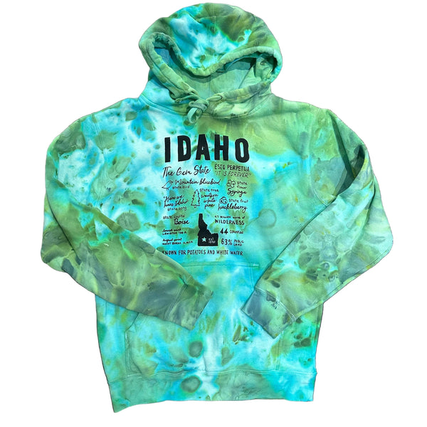 Ice Dyed Idaho Facts Pullover Hoodie. Screen Printed Sweatshirt with Eco Friendly Waterbased Inks