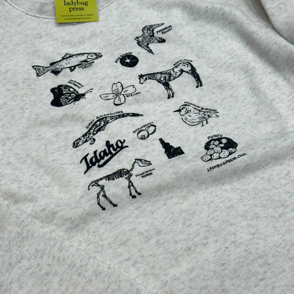 Symbols of Idaho Crewneck Sweatshirt, screen printed adult sizes