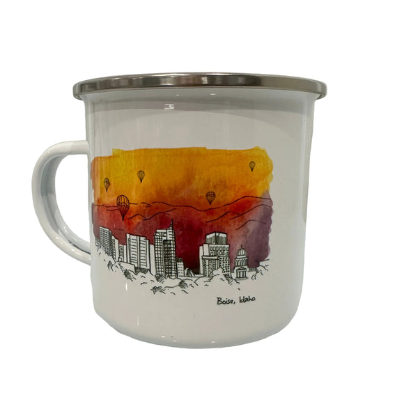 Boise Skyline Sunset Edition Watercolor Enamel Mug, watercolor