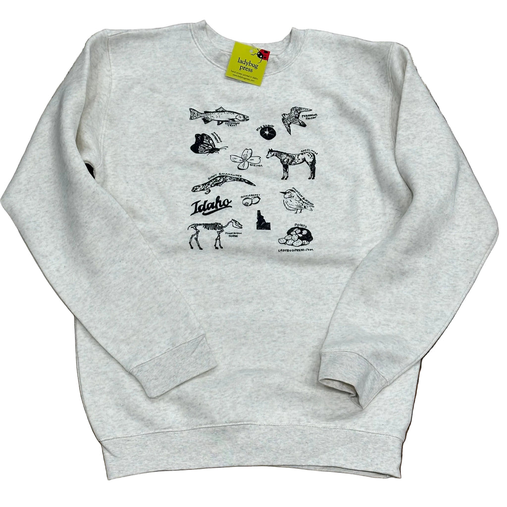 Symbols of Idaho Crewneck Sweatshirt, screen printed adult sizes