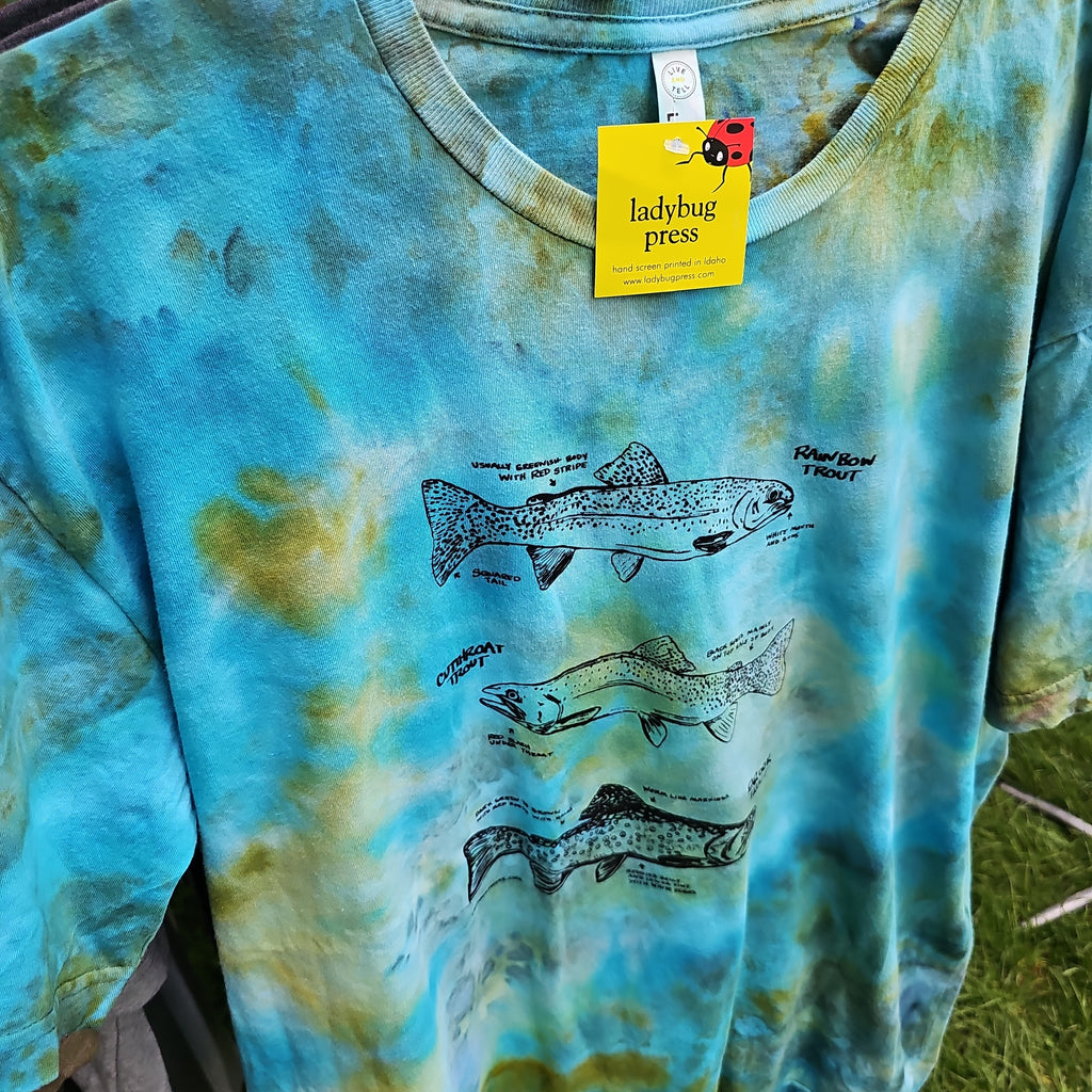 Ice Dyed Trout T-shirt, screen printed with eco-friendly waterbased inks, adult sizes