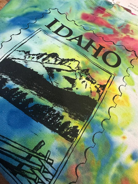 Adult Ice Dyed Idaho Stamp Hoodie, screen printed Sweatshirt with eco-friendly waterbased inks, adult sizes
