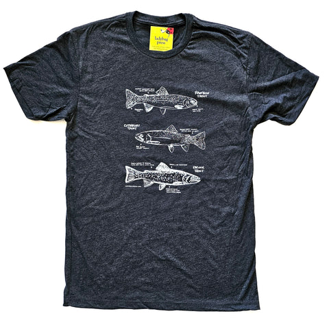 Trout T-shirt, screen printed with eco-friendly waterbased inks, adult sizes