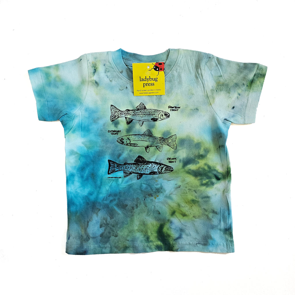 Toddler Ice Dyed Trout T-shirt, eco-friendly waterbased inks, toddler sizes
