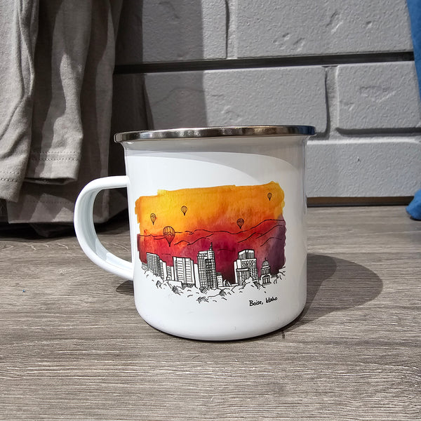 Boise Skyline Sunset Edition Watercolor Enamel Mug, watercolor