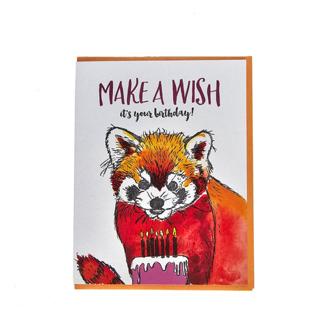 Make a wish it's your birthday, red panda letterpress printed greeting card