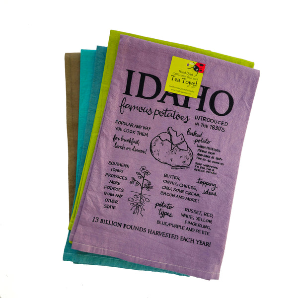 Dyed Famous Idaho Potatoes Tea Towel, Hand drawn and Screen Printed flour sack towel