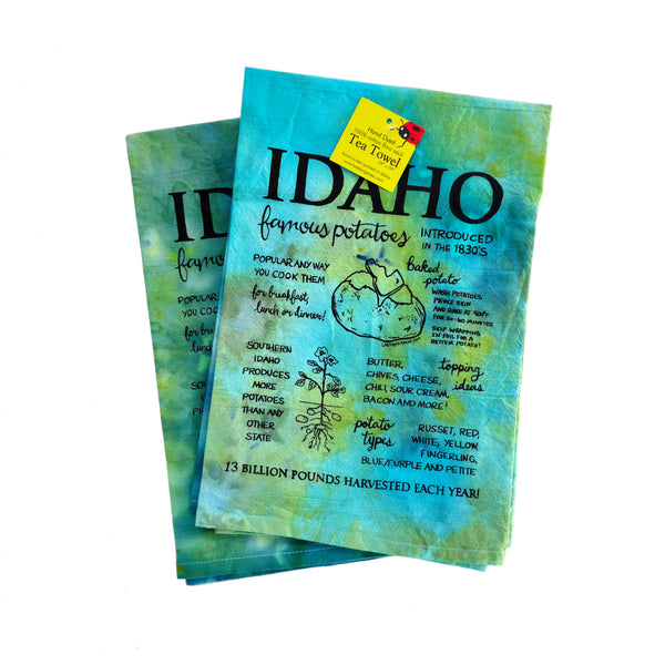 Dyed Famous Idaho Potatoes Tea Towel, Hand drawn and Screen Printed flour sack towel