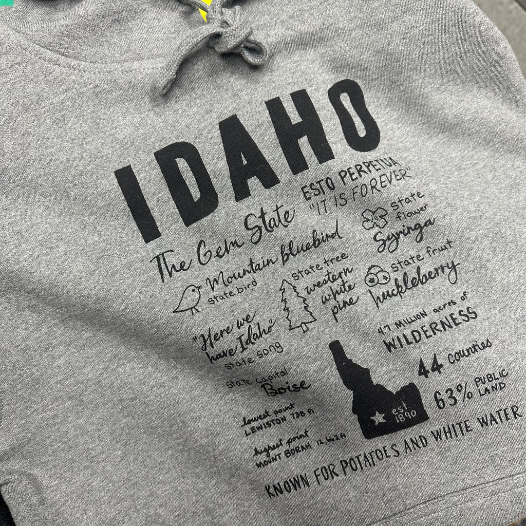 Idaho Facts Hoodie Screen Printed Sweatshirt, Eco Friendly Ink