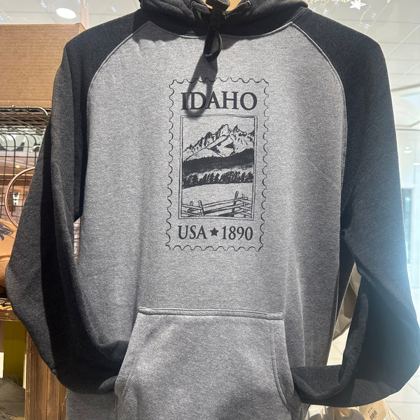 Idaho Stamp Raglan Hoodie, screen printed with eco-friendly waterbased inks, adult sizes