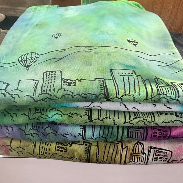 Ice Dyed Boise Balloons Adult T-shirt, Eco Friendly Waterbased Inks