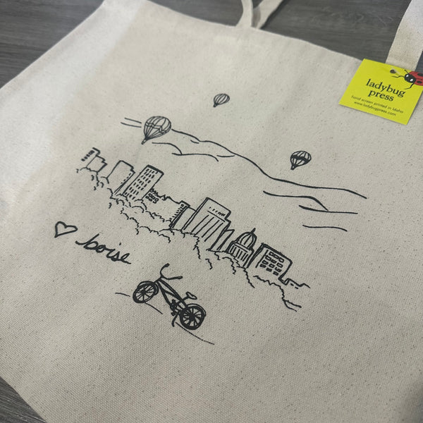 Boise Skyline Balloon Tote Bag, Screen Printed Large heavy duty canvas bag