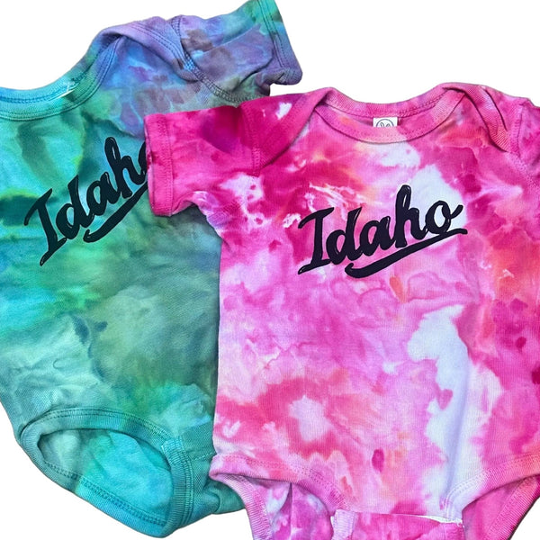 Ice Dyed Retro Idaho Onesie, eco-friendly waterbased inks