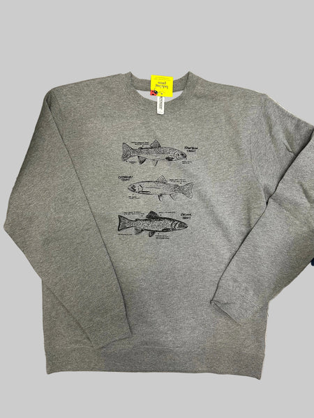 Trout Crewneck Sweatshirt, screen printed adult sizes