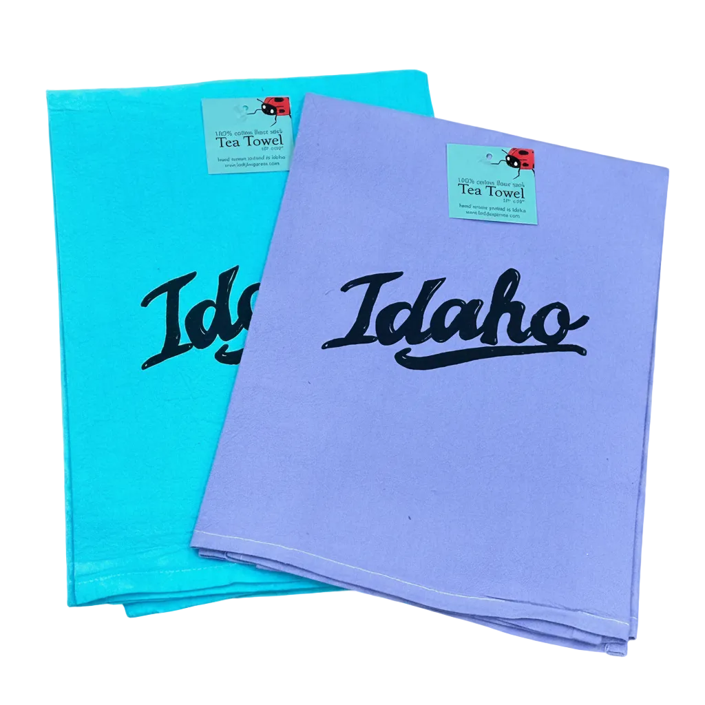 Dyed Retro Idaho Tea Towel, Hand drawn flour sack towel