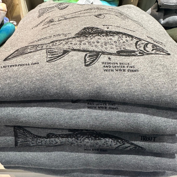 Trout Crewneck Grey Sweatshirt, screen printed with eco-friendly waterbased inks, adult sizes