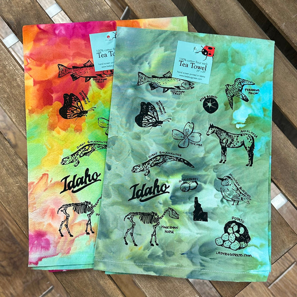 Dyed Symbols of Idaho Tea Towel, Hand drawn flour sack towel