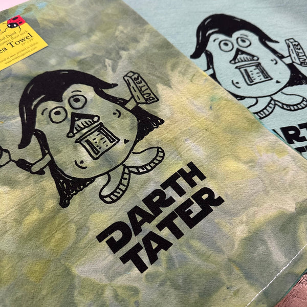 Dyed Darth Tater Tea Towel, Hand drawn and Screen Printed flour sack towel