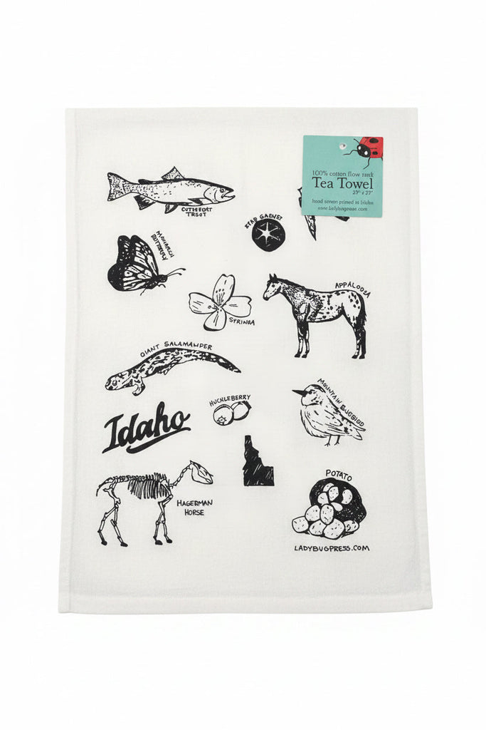 Symbols of Idaho Tea Towel, Screen Printed flour sack towel
