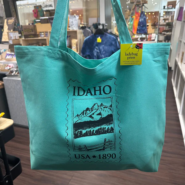 Idaho Postage Stamp Teal Tote Bag, Screen Printed Large heavy duty tote
