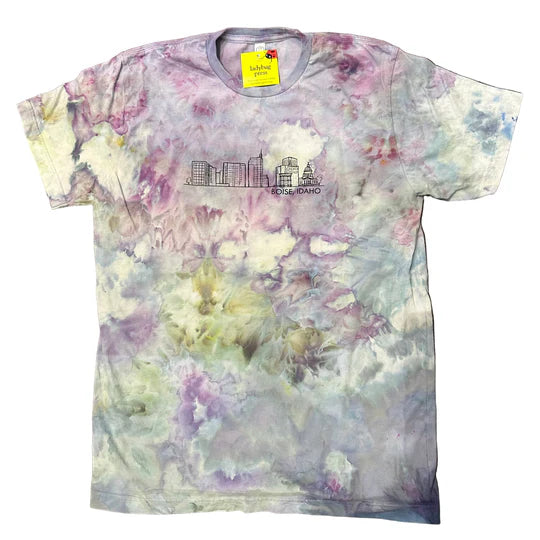 Ice Dyed Boise Skyline T-shirt, screen printed with eco-friendly waterbased inks, adult sizes