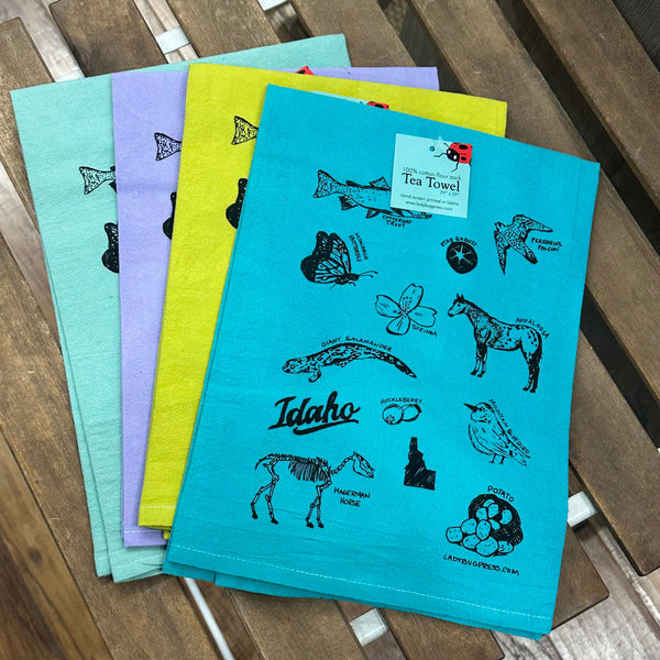 Dyed Symbols of Idaho Tea Towel, Hand drawn flour sack towel