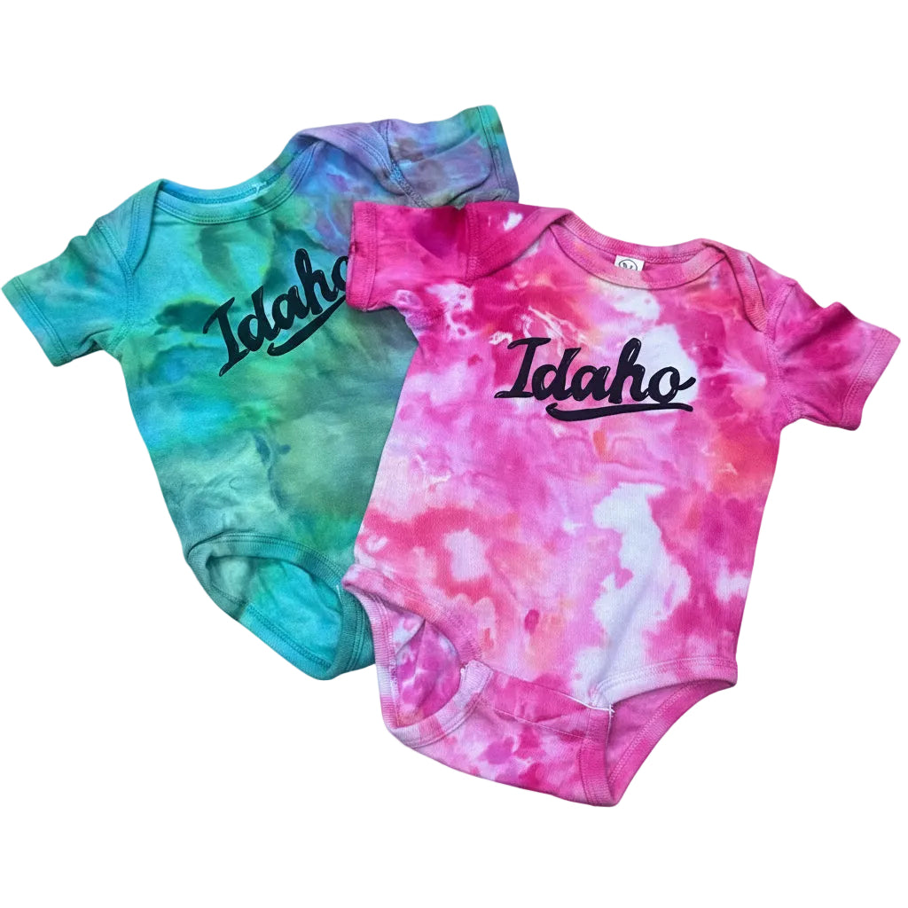 Ice Dyed Retro Idaho Onesie, eco-friendly waterbased inks