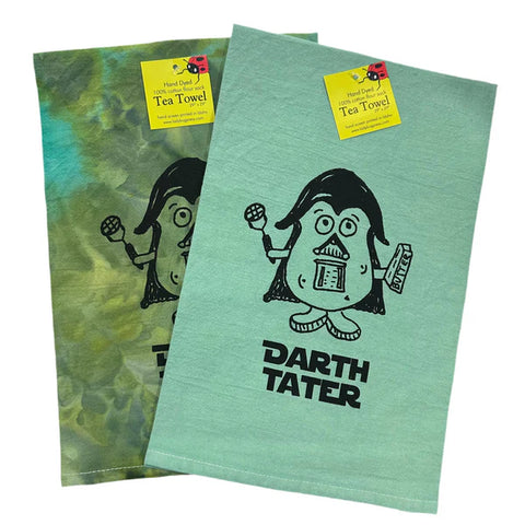 Dyed Darth Tater Tea Towel, Hand drawn and Screen Printed flour sack towel