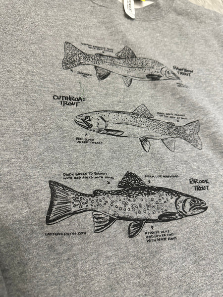 Trout Crewneck Sweatshirt, screen printed adult sizes