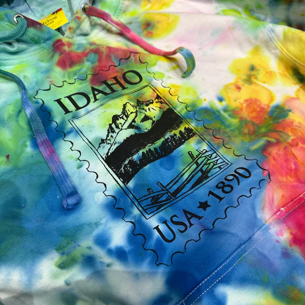 Adult Ice Dyed Idaho Stamp Hoodie, screen printed Sweatshirt with eco-friendly waterbased inks, adult sizes