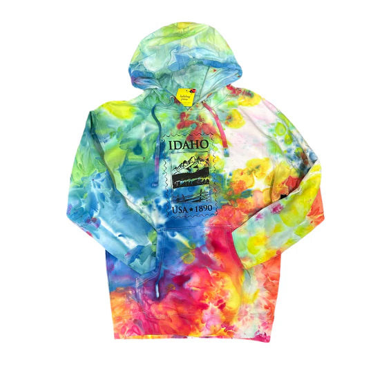 Adult Ice Dyed Idaho Stamp Hoodie, screen printed Sweatshirt with eco-friendly waterbased inks, adult sizes