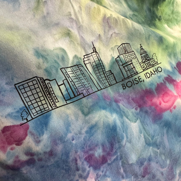 Ice Dyed Boise Skyline T-shirt, screen printed with eco-friendly waterbased inks, adult sizes
