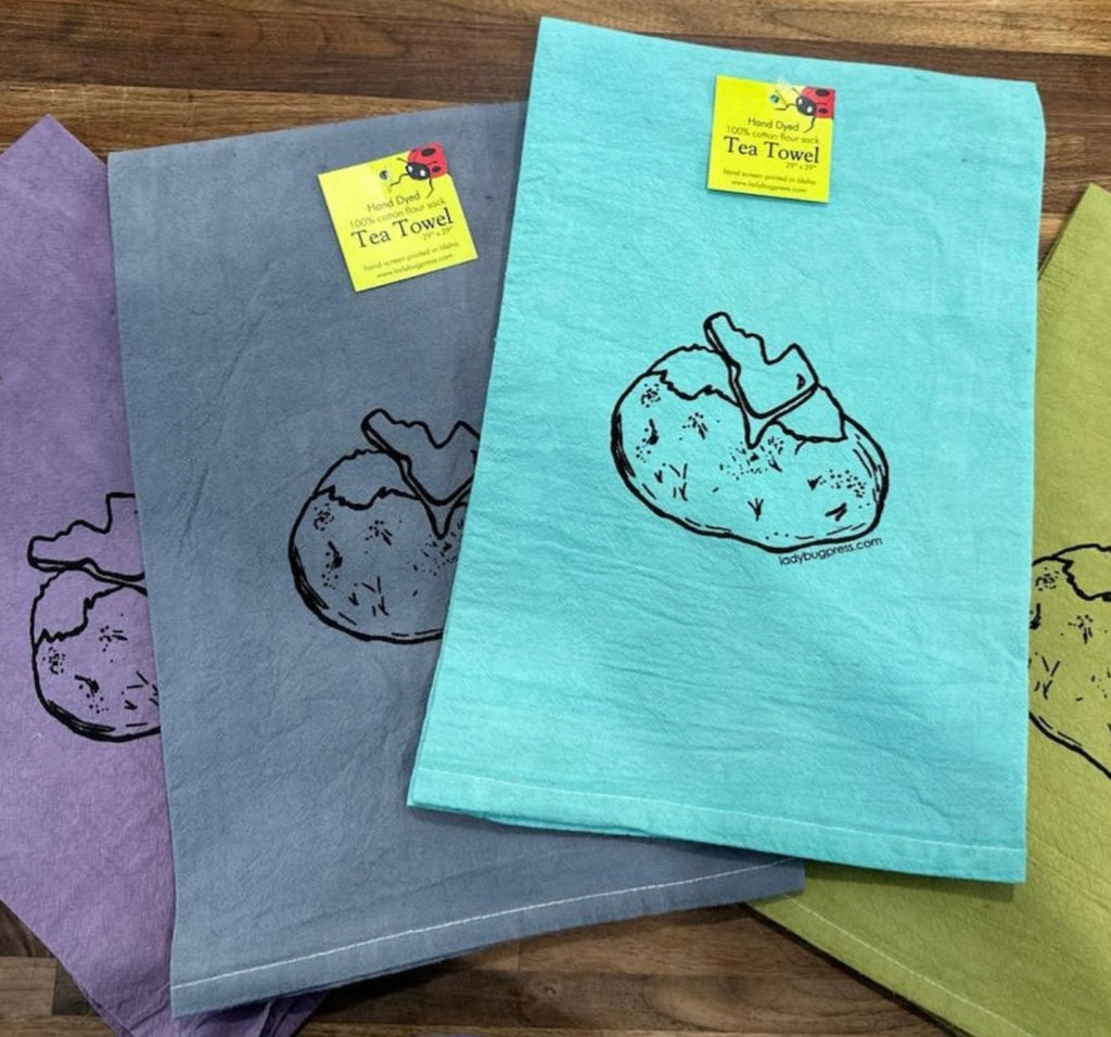 Hand Dyed Idaho Spud Tea Towel, Hand drawn and Screen Printed flour sack towel