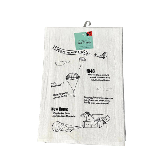 Idaho Beaver Story Tea Towel, Screen Printed flour sack towel
