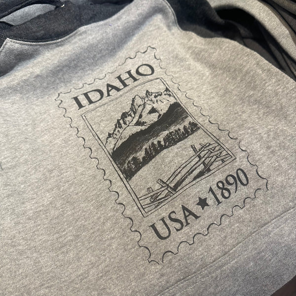Idaho Stamp Raglan Hoodie, screen printed with eco-friendly waterbased inks, adult sizes